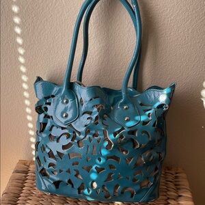 Sondra Roberts Teal & Red Cutout Tote Bags